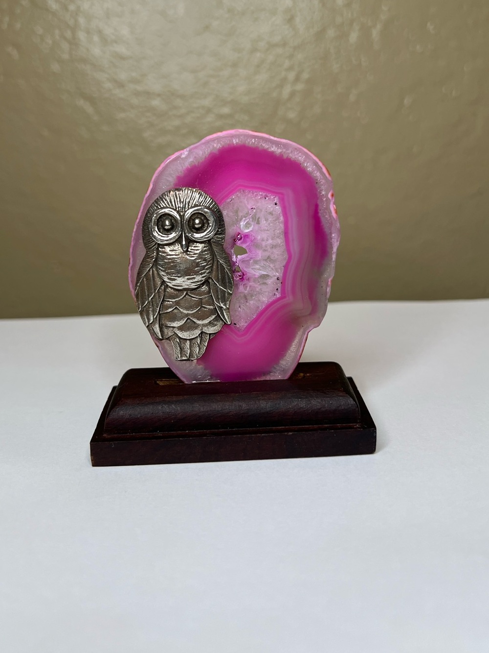 Pink Agate Owl Decor on Stand - Home Art Accent